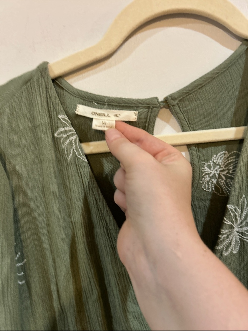 O'Neill Olive Green Embroidered V-Neck Long Sleeve Dress - Picture 3 of 3